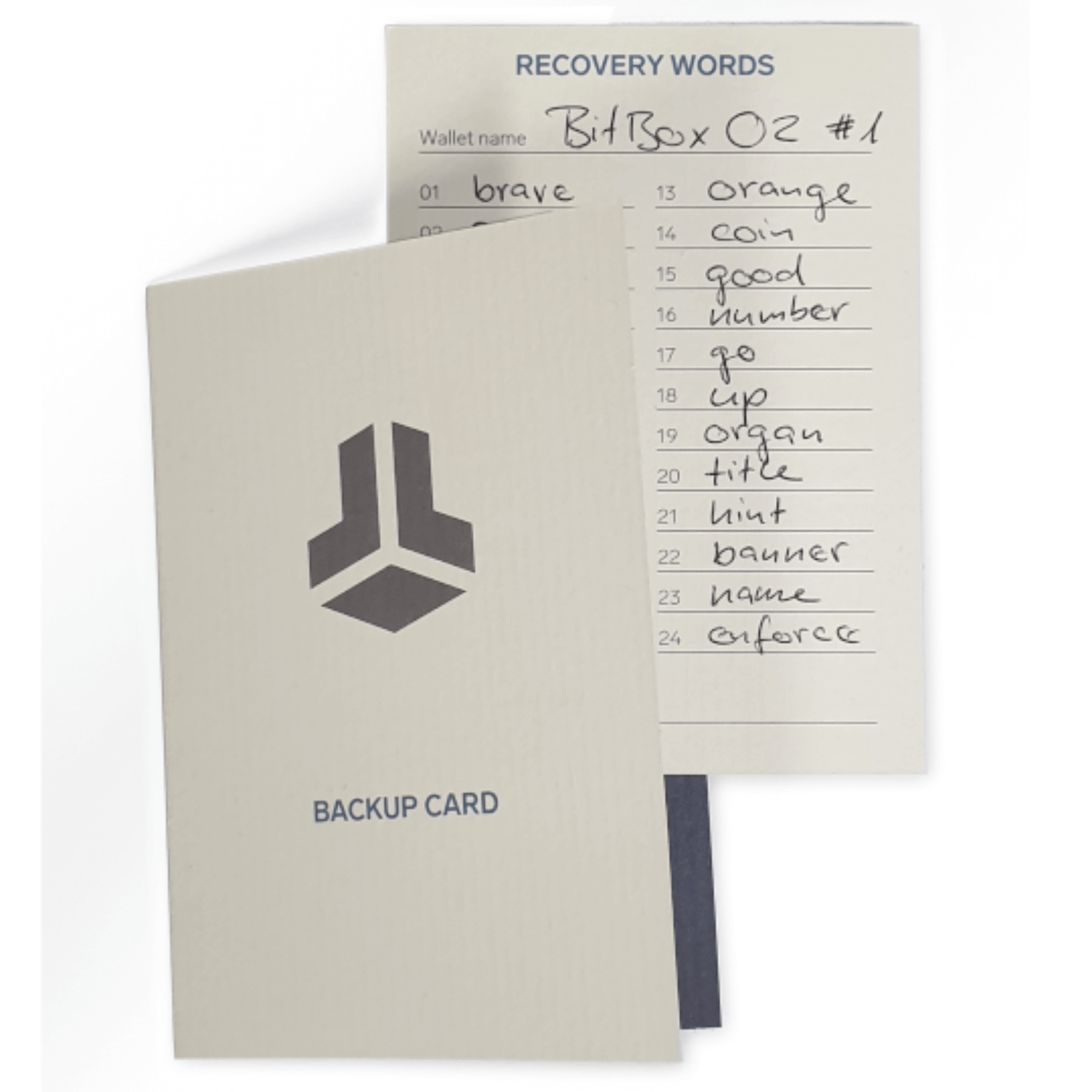 BitBox Seed Phrase Storage Backup Cards 3-Pack Example Backup Card