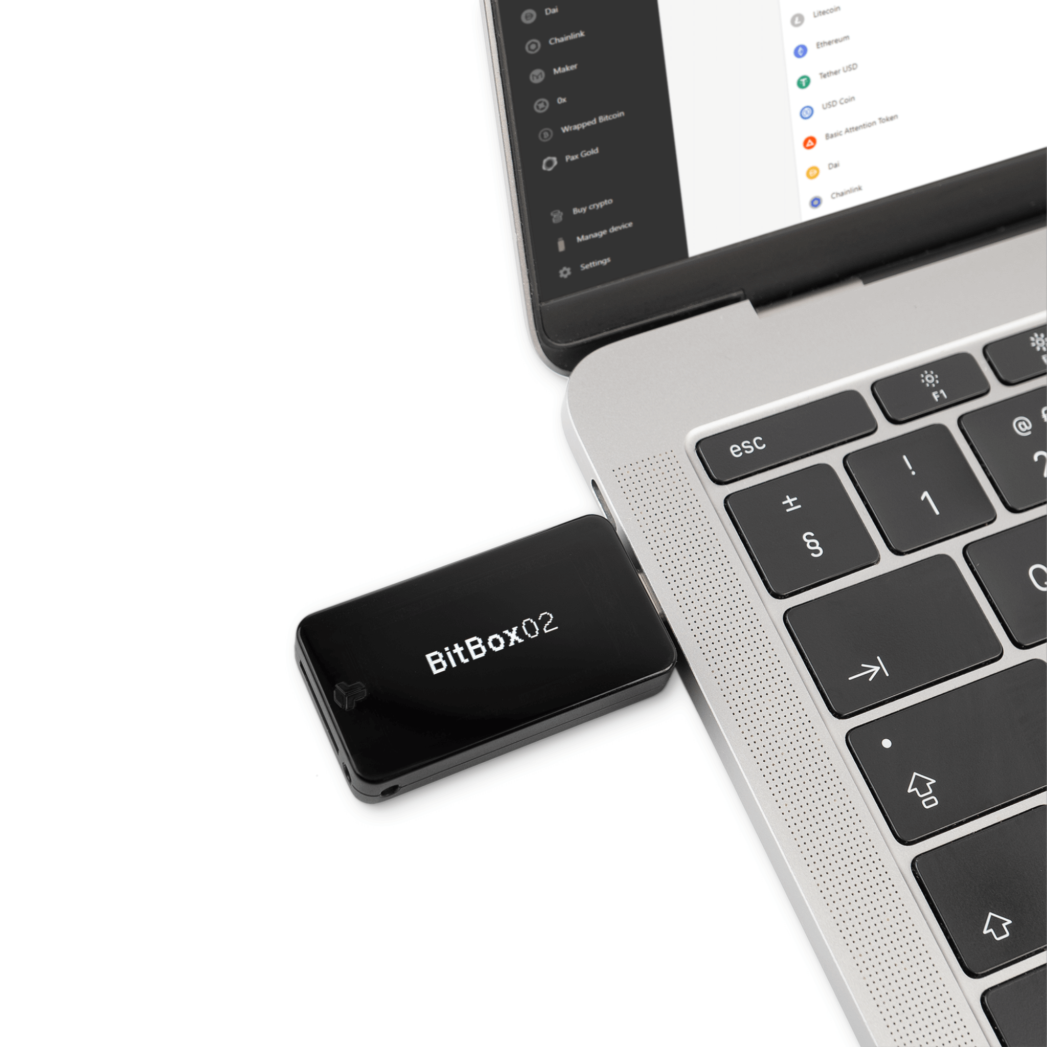 BitBox02 Multi Edition Cryptocurrency Hardware Wallet Plugged Into Apple Laptop