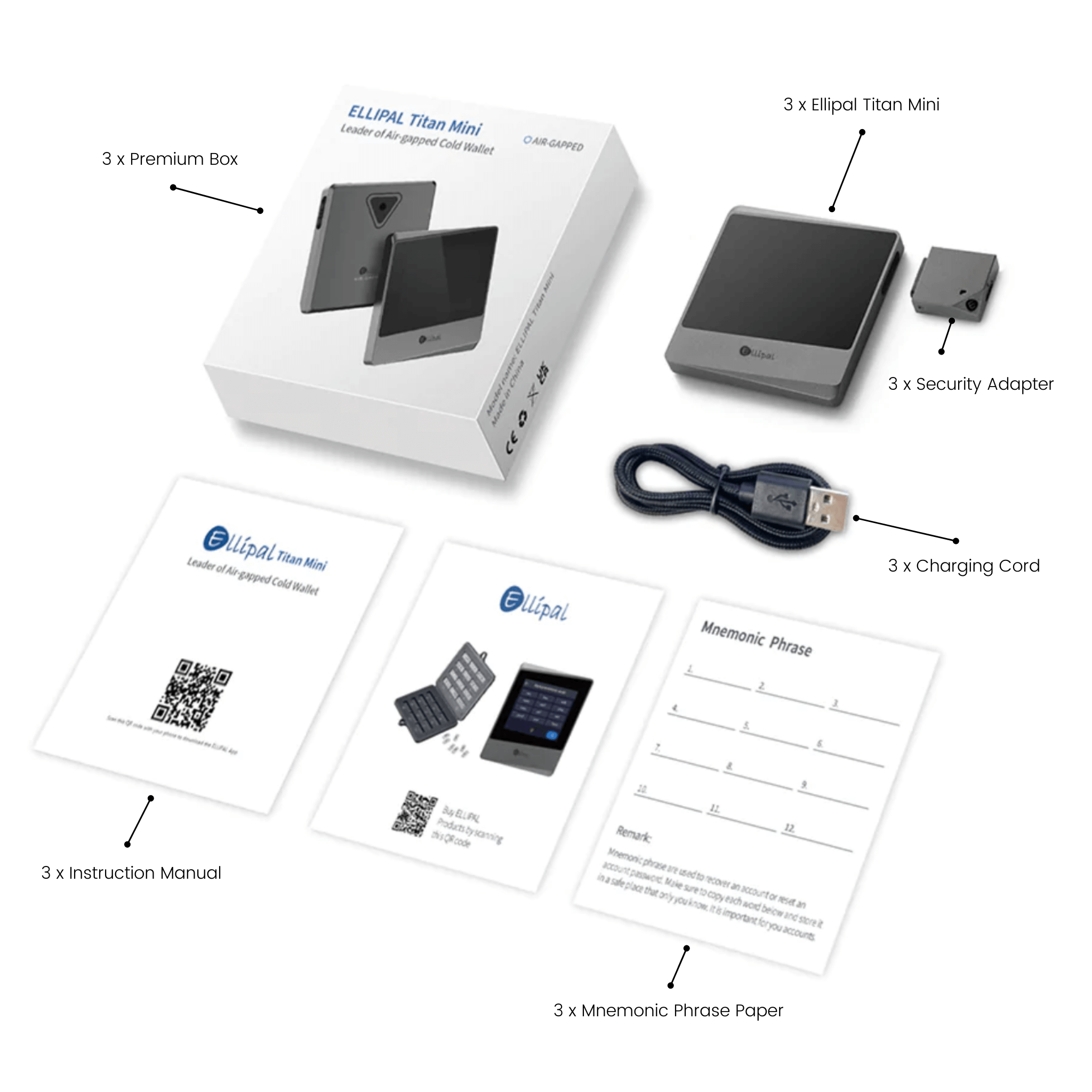 Ellipal Titan Mini Grey Pack of 3 Cryptocurrency Hardware Wallets Package Contents