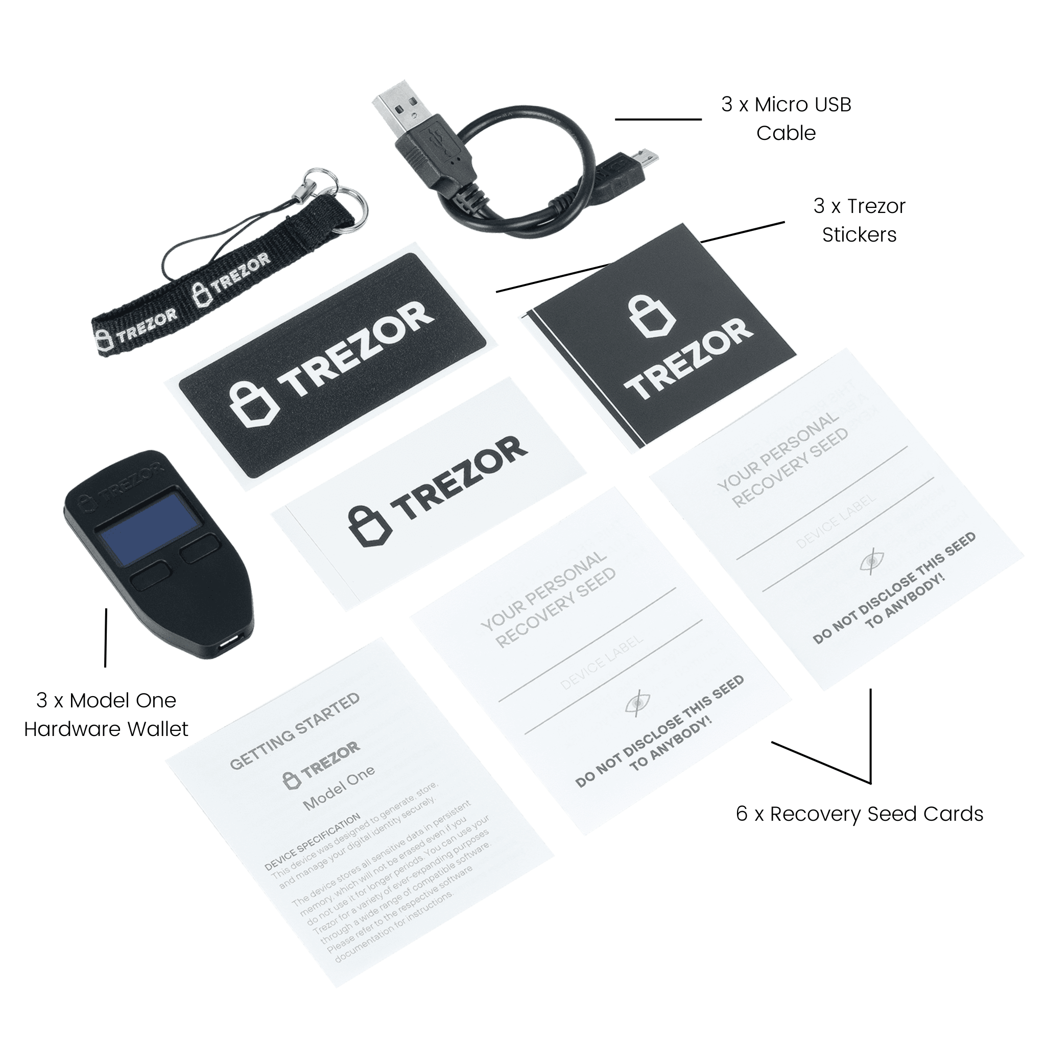 Trezor Model One Pack of 3 Cryptocurrency Hardware Wallets Package Contents
