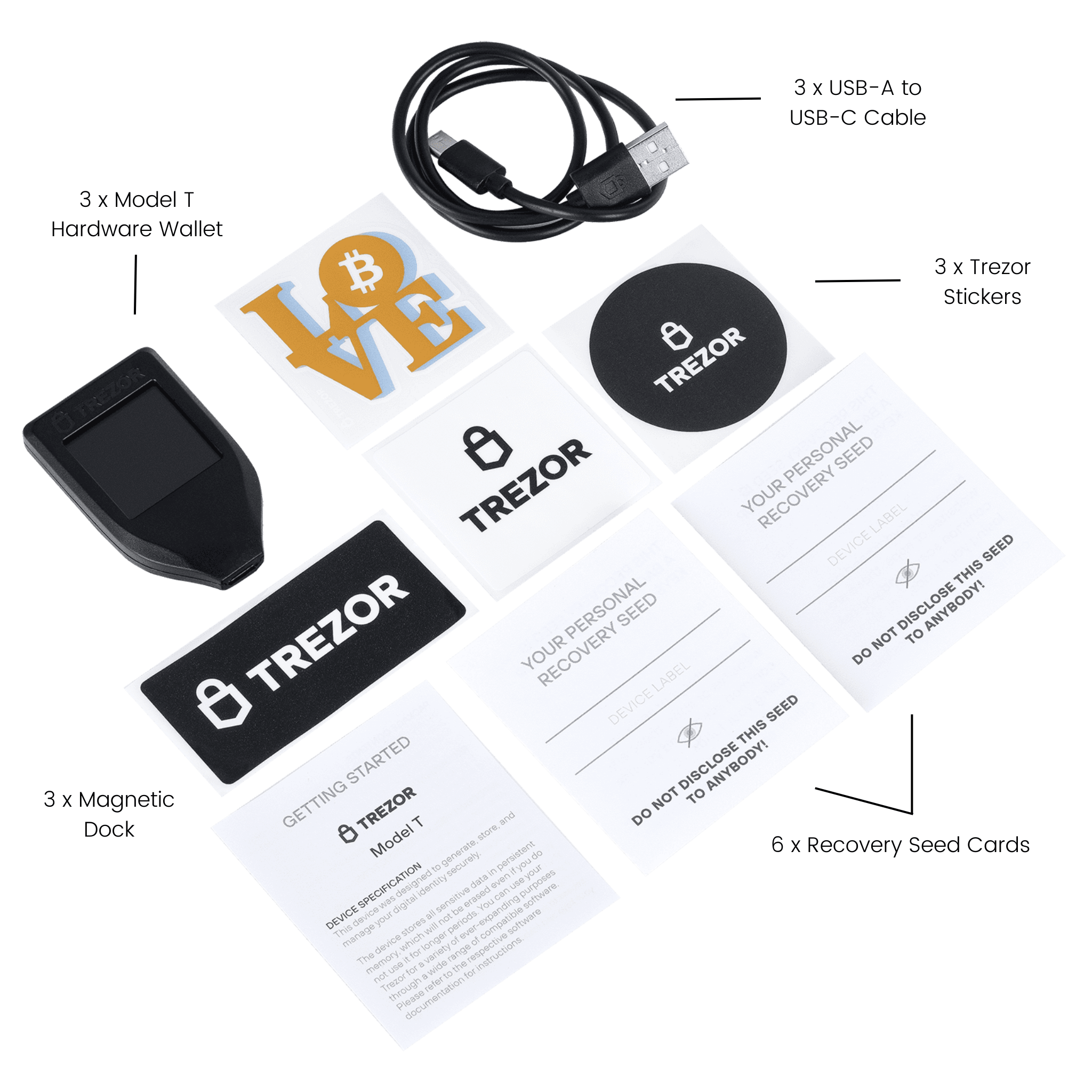 Trezor Model T Pack of 3 Cryptocurrency Hardware Wallets Package Contents