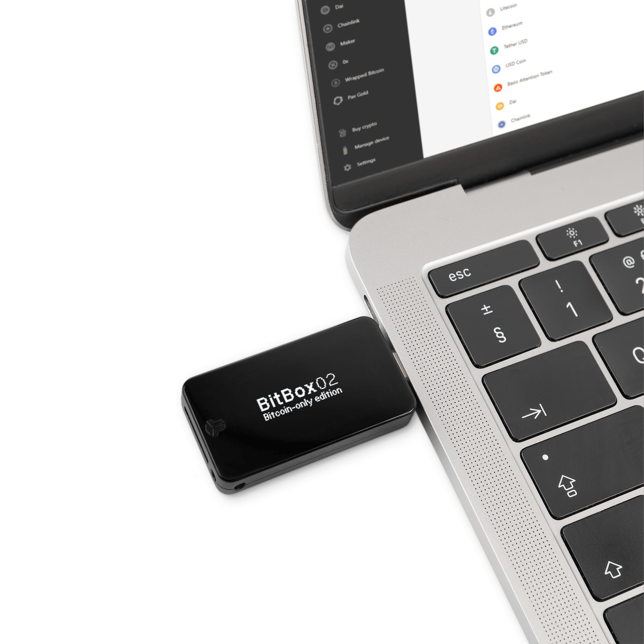 BitBox02 Bitcoin-Only Edition Cryptocurrency Hardware Wallet Plugged Into Apple Laptop