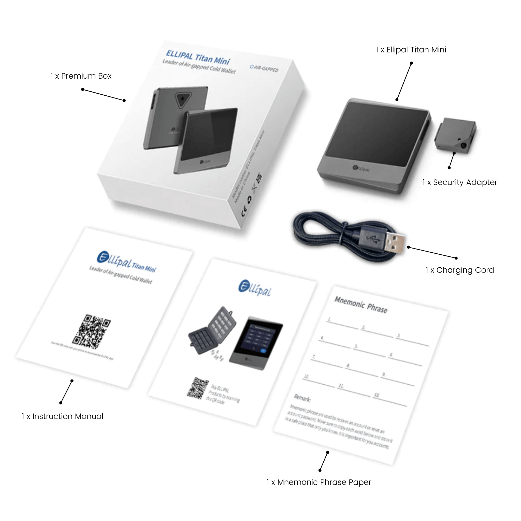 Ellipal Titan Mini Grey Cryptocurrency Hardware Wallet Package Contents